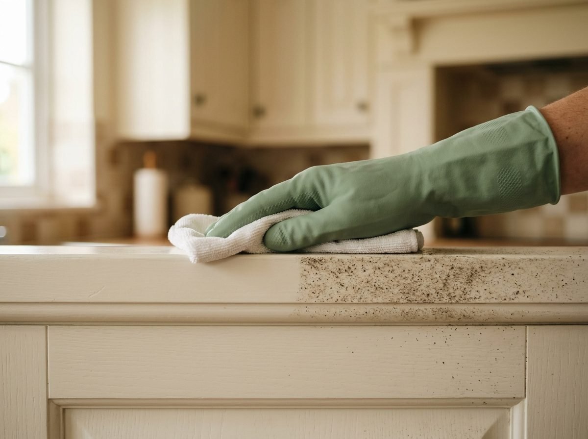 Top of a kitchen cabinet ledge being wiped clean in a Marietta home, half still dusty
