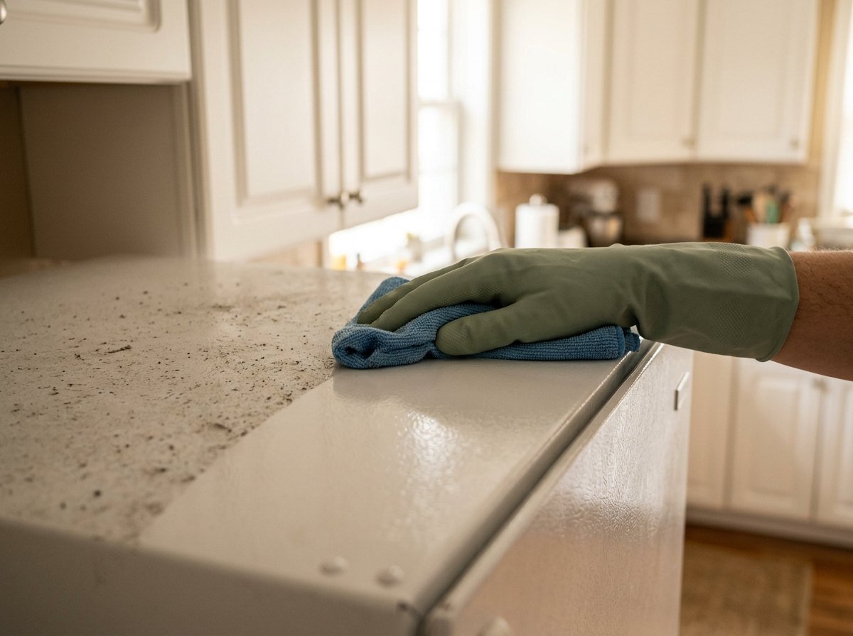 The top of a refrigerator half dusty and half cleaned in a Metro Atlanta home