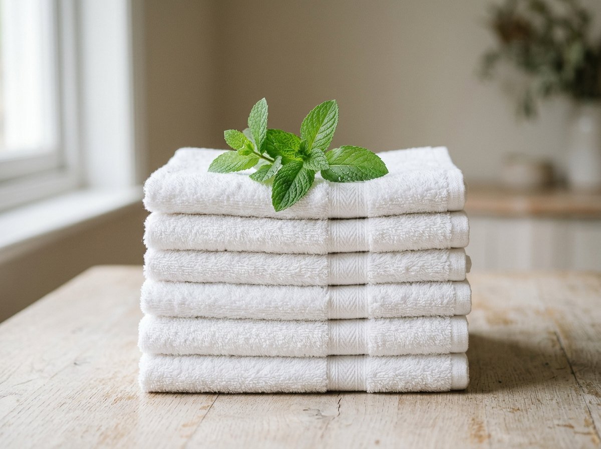 Freshly laundered white towels with a sprig of mint resting on top