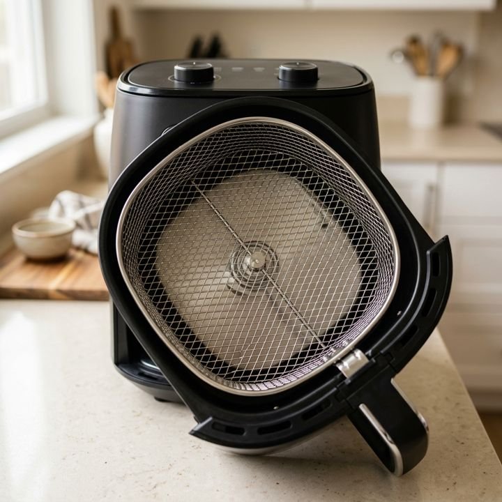 The inside basket of an air fryer, completely clean