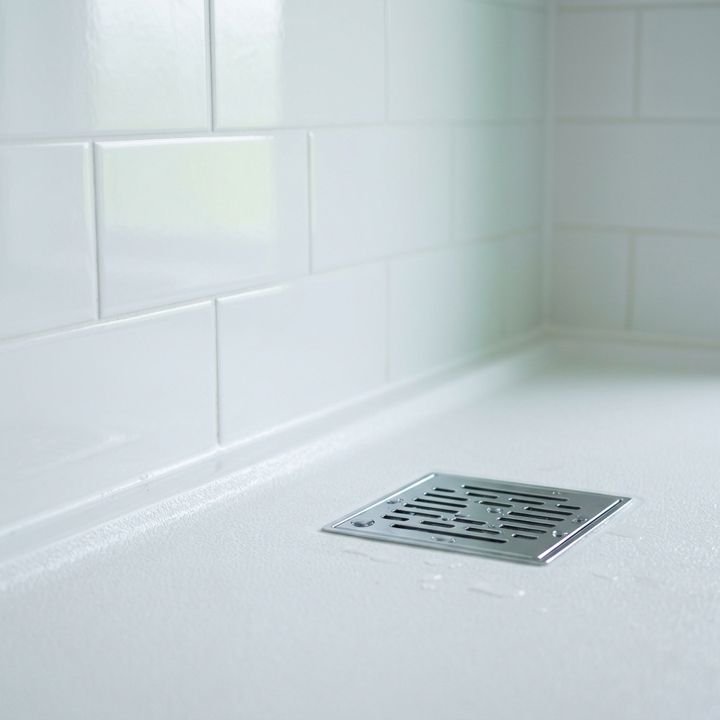 The corner of a shower where the tile meets the floor, clean