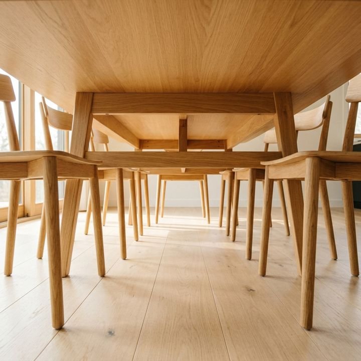 The underside of a dining table and the floor beneath it, clean