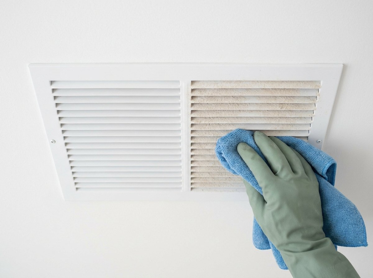 A ceiling vent cover half filled with drywall dust and half wiped clean after a renovation