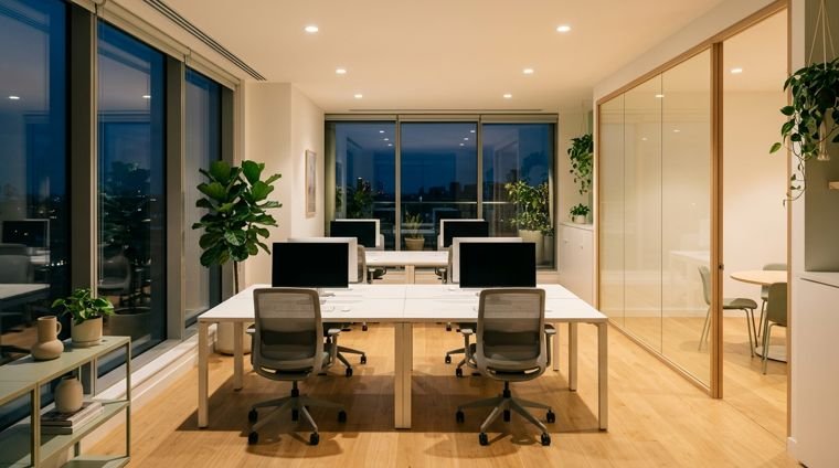 Small office cleaned after hours with clear desks