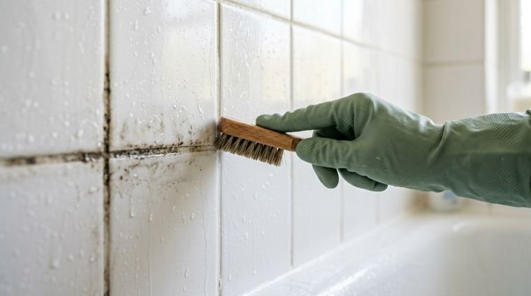 Shower grout being scrubbed clean, half restored