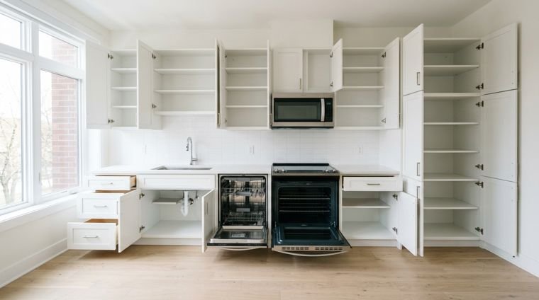 Empty apartment kitchen with every cabinet and appliance open and clean