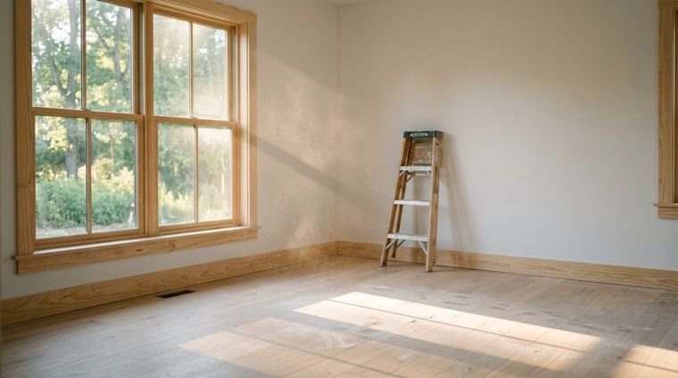 Newly renovated room with construction dust in a shaft of light